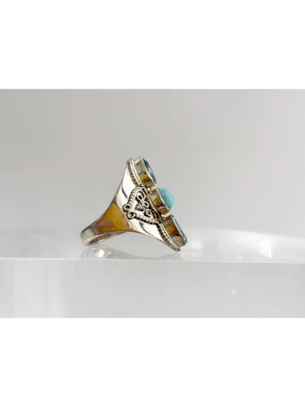 Larimar & Blue Topaz Gemstone Indian Sterling Silver 925 Vintage Ring - sz 9